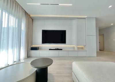 Modern living room with large TV and minimalistic design