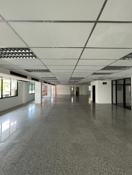 Spacious empty commercial space with reflective flooring and strip lighting