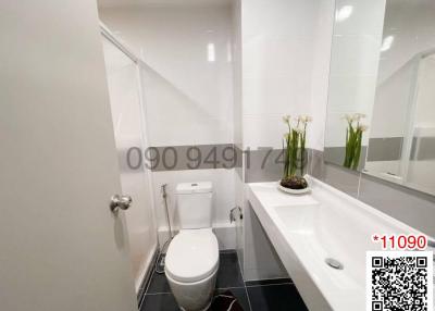 Modern white bathroom with bathtub and toilet