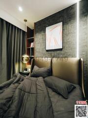 Stylish modern bedroom with plush bedding and contemporary art