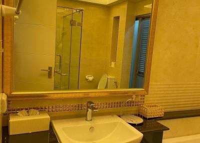 Modern bathroom interior with well-lit vanity area