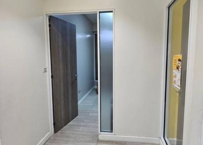 Bright hallway with wooden flooring and modern doors