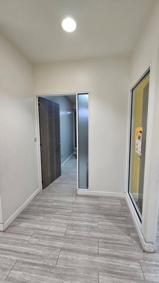 Bright hallway with wooden flooring and modern doors