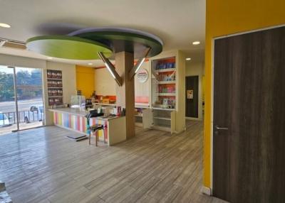 Modern building interior with vibrant color accents