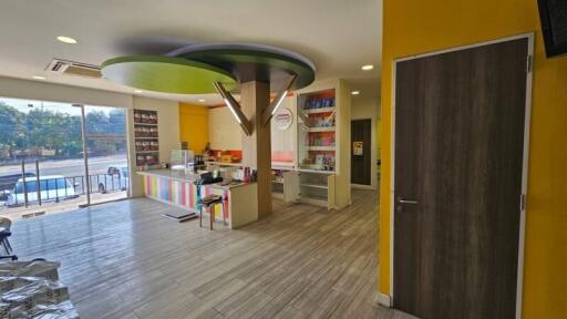 Modern building interior with vibrant color accents