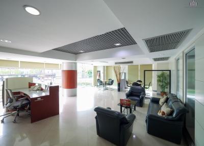 Spacious and modern building lobby with reception area