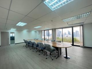 Spacious conference room with large windows and city view