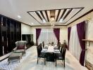 Elegant dining room with a large table and fashionable decor