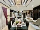 Elegant dining room with a large table and chandeliers