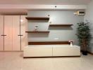 Modern living space with decorative shelving