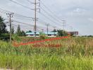 Spacious undeveloped land with utility poles and lush greenery under a cloudy sky