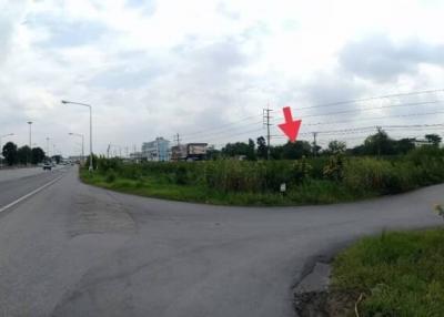Panoramic view of a potential development site near a main road with green surroundings