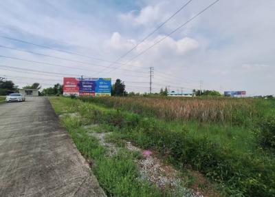 Empty land with billboards and grass near a paved road under a clear sky