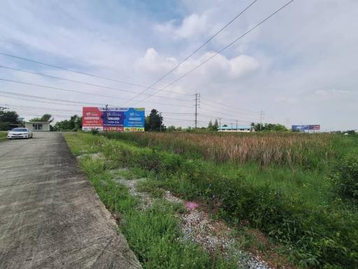 Empty land with billboards and grass near a paved road under a clear sky