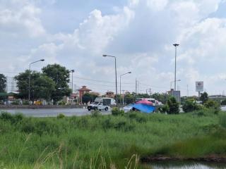 Street view near a property with visible roadside and greenery under a cloudy sky