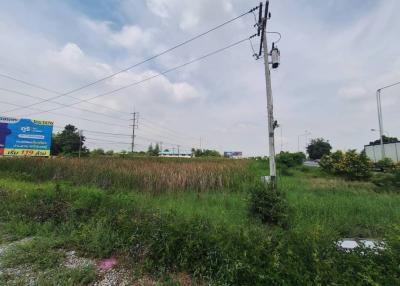 Vacant land with utility pole and overgrown grass under a cloudy sky