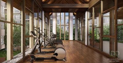 Spacious gym area with modern equipment and large windows in a residential building