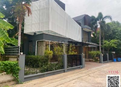 Modern two-story house with a metal fence and tropical vegetation
