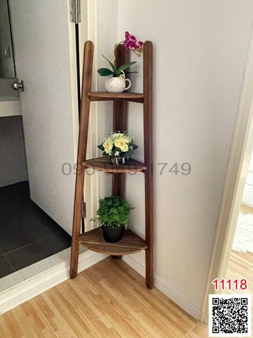 Contemporary wooden shelf with decorative plants in a modern home interior