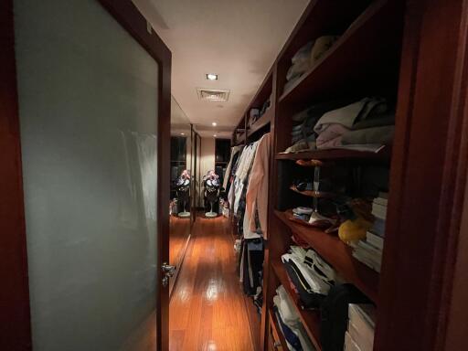 Dimly lit hallway with wooden flooring and built-in storage shelves