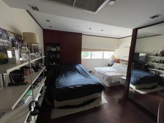 Spacious bedroom with two beds and ample natural light