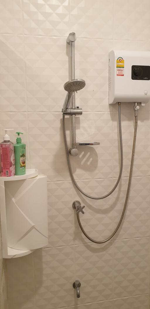 Modern bathroom shower area with wall-mounted shower head and water heater
