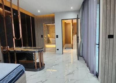 Modern bathroom interior with marble floors and elegant fixtures