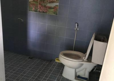 Small bathroom with blue tiles and a wall-mounted painting