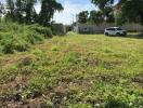 Spacious empty lot with potential for development, bordered by trees and neighboring buildings