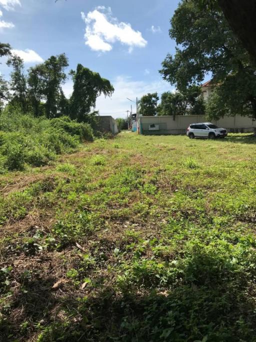 Spacious empty lot with potential for development, bordered by trees and neighboring buildings