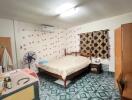 Cozy bedroom with patterned tiles and traditional furnishings