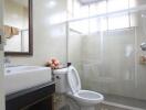 Modern bathroom interior with glass shower and tiled walls