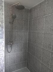 Modern tiled shower with stainless steel fixtures