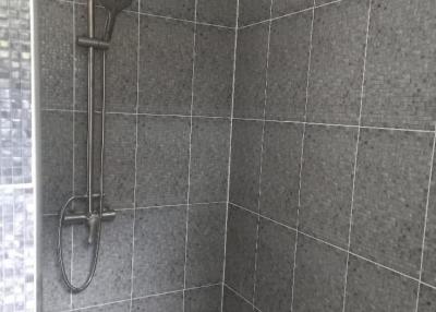 Modern tiled shower with stainless steel fixtures