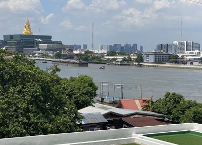 Panoramic city view with river from a balcony