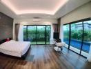Spacious Bedroom with Pool View and Modern Amenities