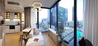 Modern living room with panoramic city view