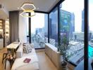 Modern living room with panoramic city view