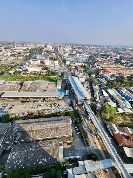 Aerial view of a residential and commercial area