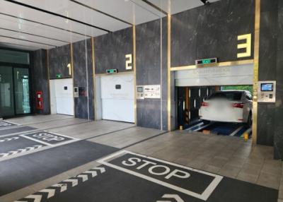Modern underground parking garage with designated spaces