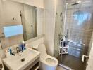 Modern bathroom with walk-in shower and white ceramic fixtures