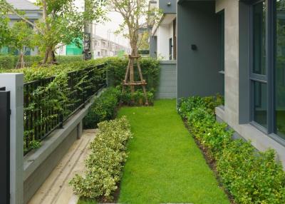 Well-manicured garden with a walking path by the house