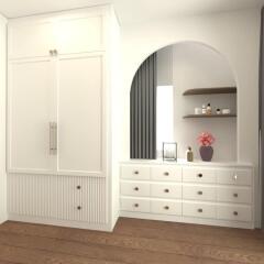 Modern minimalist bedroom with built-in white wardrobe and arch nook