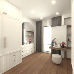 Modern bedroom with a dresser and natural light