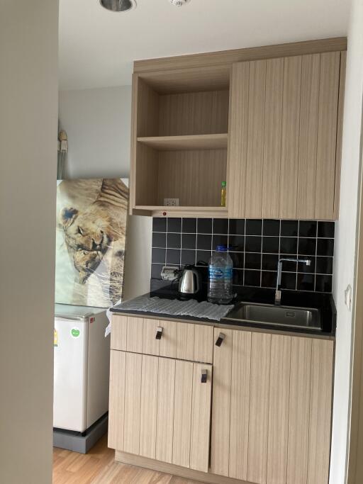 Compact modern kitchen with wooden cabinets and black tiles