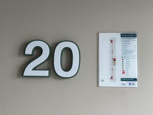 Interior wall with decorative number 20 and an energy efficiency rating chart