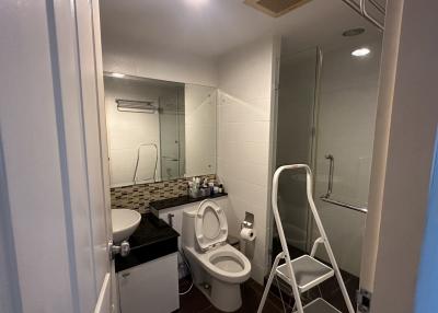 Compact bathroom with shower, toilet, and sink