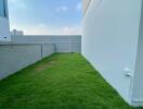 Narrow side yard with green grass next to a residential building under blue sky