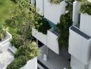 Modern apartment complex with lush rooftop gardens