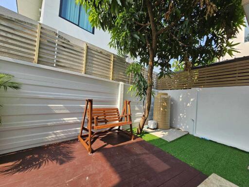 Cozy backyard with wooden swing and greenery